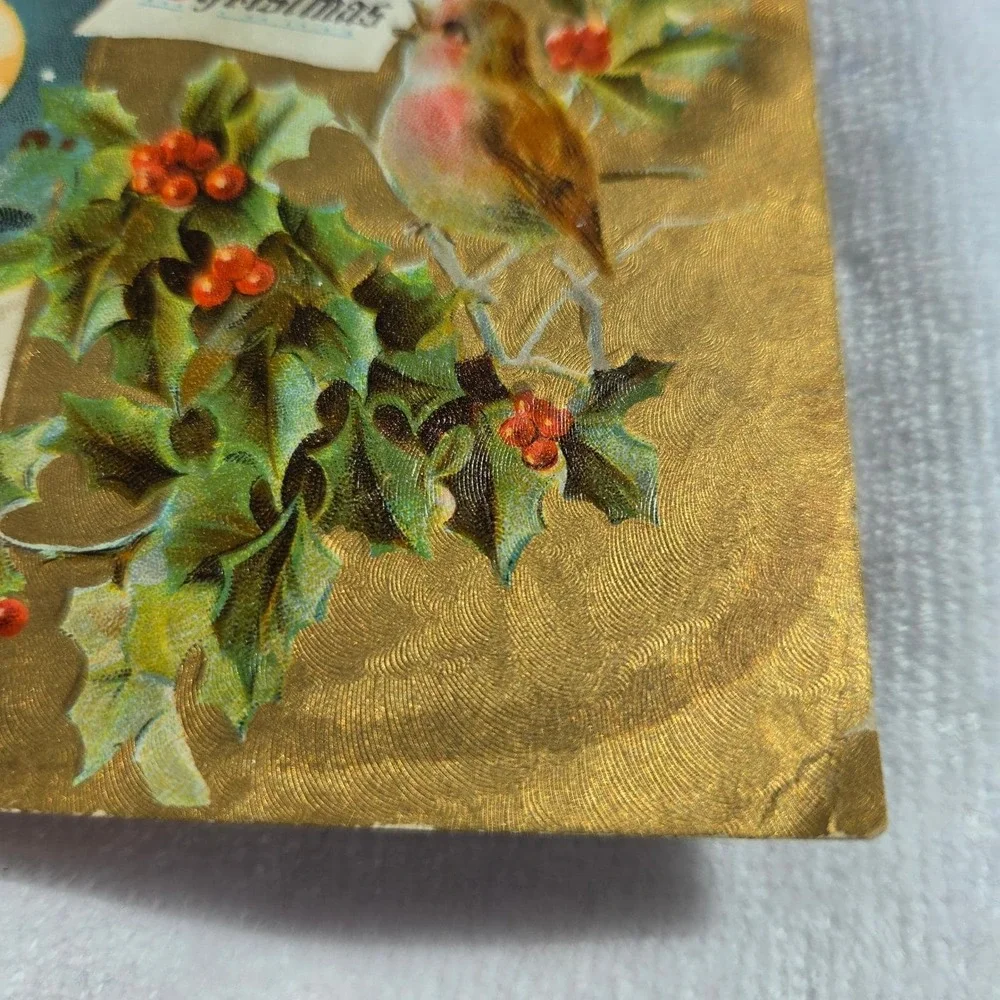 Vintage Antique Merry Christmas Postcard Madonna Child Robin Gold Embossed‎